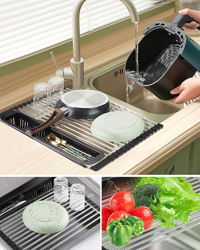 Roll Up Dish Drying Rack, Expandable Over The Sink Dish Drainer, Stainless - Image 4