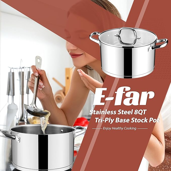 E-far Stainless Steel Stock Pot, 8 Quart Tri-ply Base Cooking Pot - Image 7