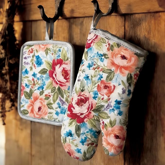 Floral Oven Mitts and Pot Holders Sets 2 Pcs, Canvas Heat Resistant Kitchen - Image 9
