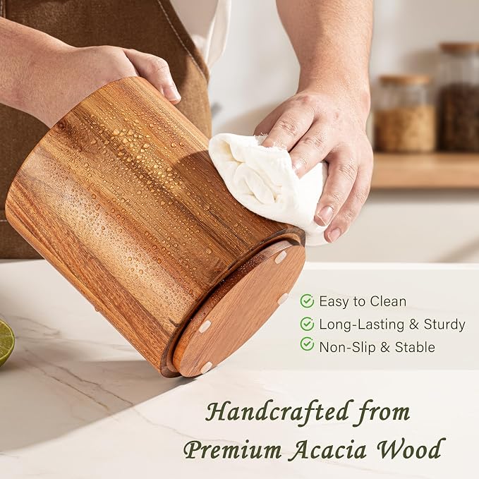 Criusia Utensil Holder 2 Pack, 360° Rotating Acacia Wood Cooking Utensil Crocks - Image 4
