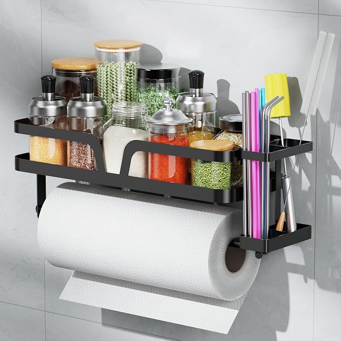 Taozun Paper Towel Holder with Shelf & Side Straw Basket by Taozun