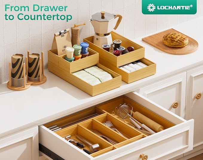 Bamboo Kitchen Drawer Organizer Boxes – 12" x 3" Stackable Wood Silverware - Image 9