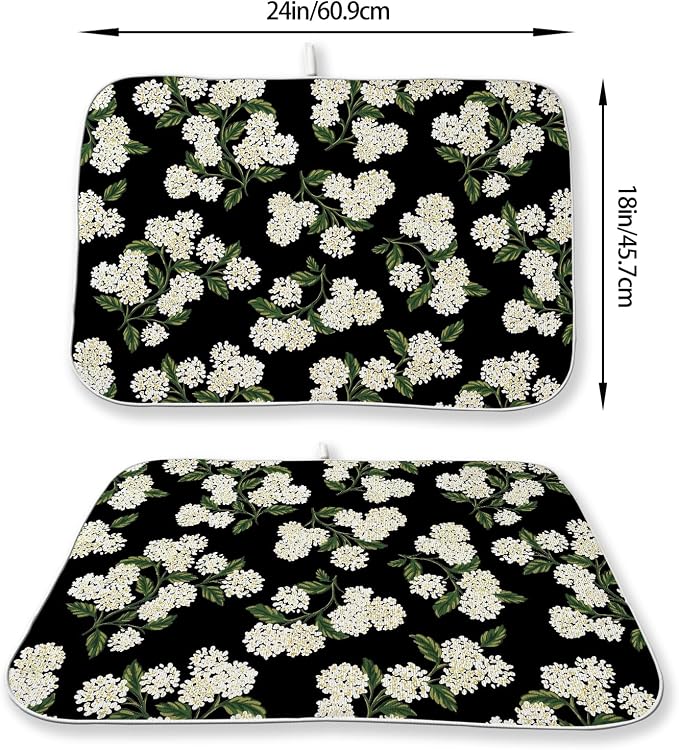 Black Dish Drying Mat 18x24 Inch Green Vintage Floral Hydrangea Flower Drying - Image 2