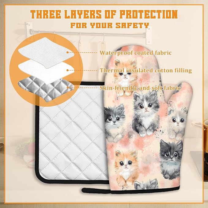 Cute Cat Oven Mitts and Pot Holders, Heat Resistant Oven Mitts Gloves and Pot - Image 3