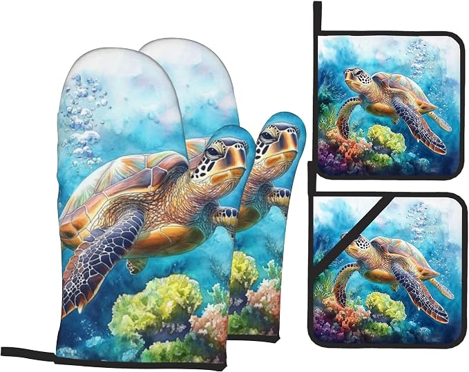 Ocean Turtle Pattern Oven Gloves and Hot Pads Set by Unknown