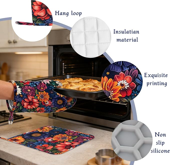 Colourful Flowers Potholders & Oven Mitts Sets Spring Floral Silicone Heat - Image 4