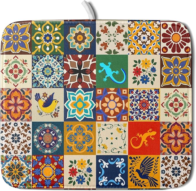 Giwawa Mexican Tile Dish Drying Mat 16"x18" Talavera Boho Floral Print Dish by Giwawa