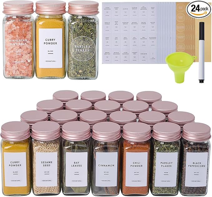 24 Pcs Glass Spice Jars with Labels and Pink Metal Caps, 4oz Empty Spice by Fiwence