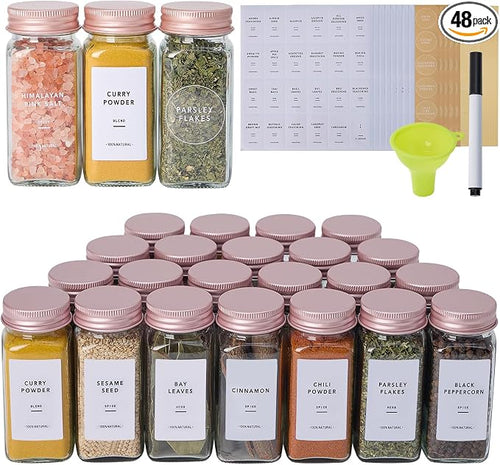 48 Pcs Glass Spice Jars with Labels and Pink Metal Caps, 4oz Empty Spice by Fiwence