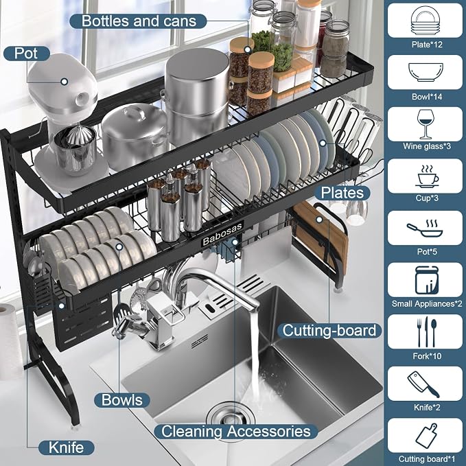 Over The Sink Dish Drying Rack, 3 Tier Adjustable Length Full Stainless Steel - Image 3