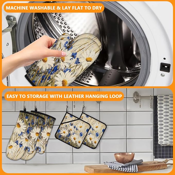Daisy Flowers Oven Mitts and Pot Holders Sets 4Pcs, Extra Long Oven Gloves - Image 5