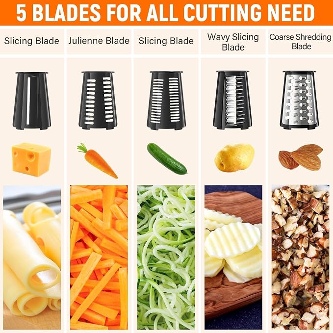 5 Blades Rotary Cheese Grater Hand Crank Vegetable Chopper Shredder Spiralizer - Image 2