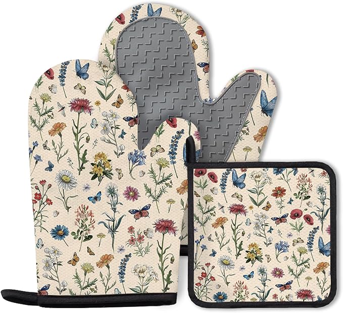 Vintage Floral Oven Mitts and Pot Holders 3Pcs, Retro Floral Silicone Oven by Unknown