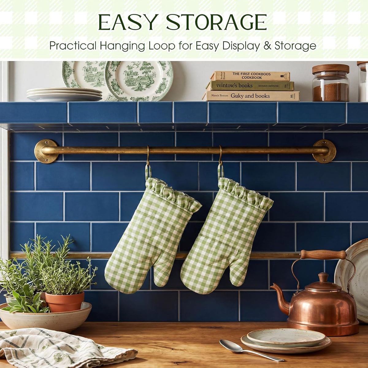 Twistover Ruffle Gingham Oven Mitts 2-Pack Set, Green, 7"x13"
