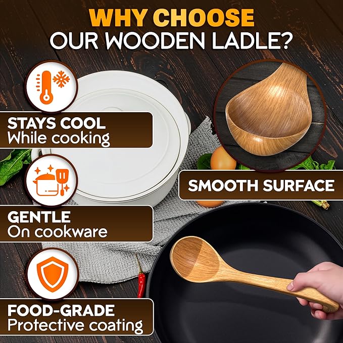 2 Pcs Wooden Ladle for Soup – 10.8×2.8" Bamboo Soup Ladle for Stews and Sauces - Image 3