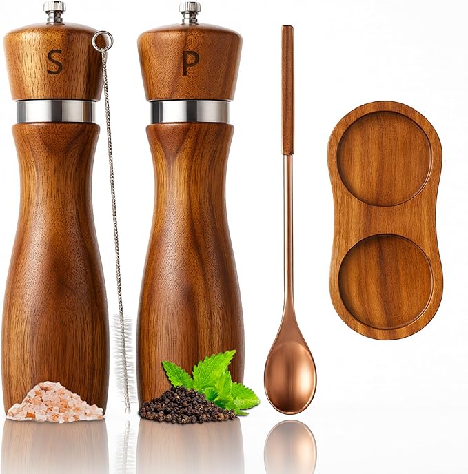 Premium Acacia Wood Salt & Pepper Grinder Set, 8-Inch Manual Mills by GooHeraInc