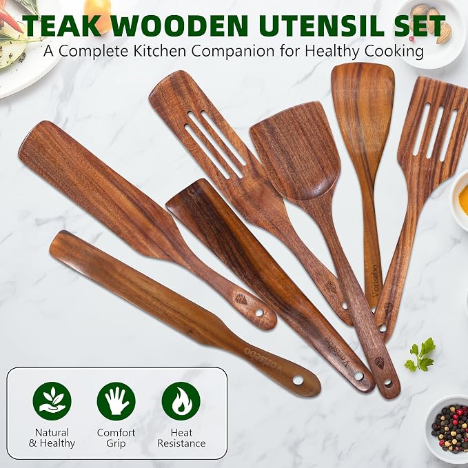 7 PCS Wooden Spatula for Cooking, Natural Teak Wooden Utensil Set, Non-Toxic - Image 6