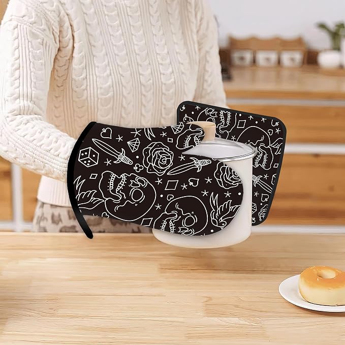 Skull Head with Rose Oven Mitts and Pot Holders Kitchen Cooking Gloves 2 Pcs - Image 6