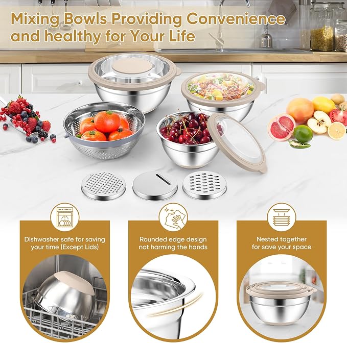 P&P CHEF Mixing Bowls with Lids Set of 3, Stainless Steel Mixing Bowl and - Image 7