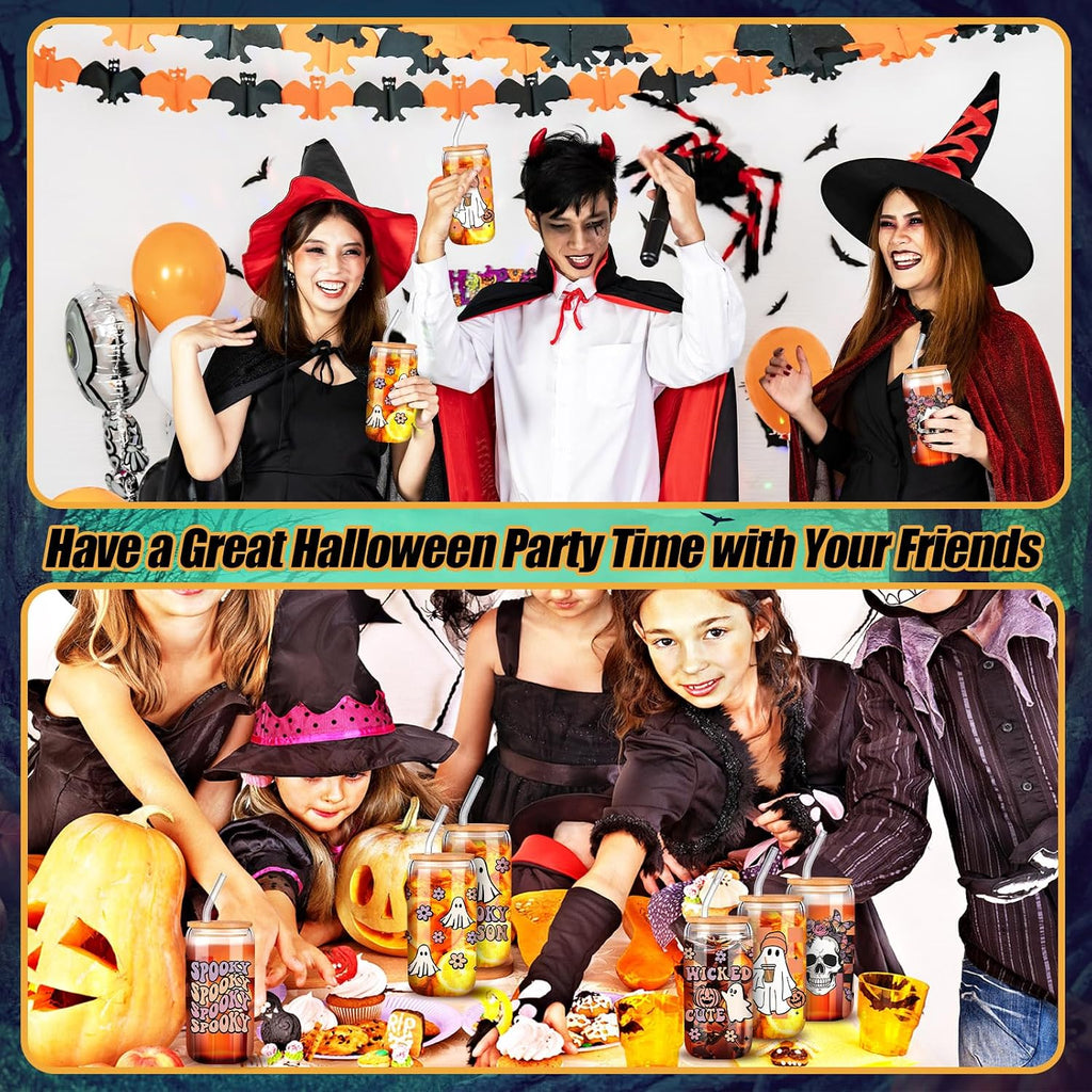 SiliFine 6 Pcs Halloween Glass Cups, 16 oz with Lids and Straws