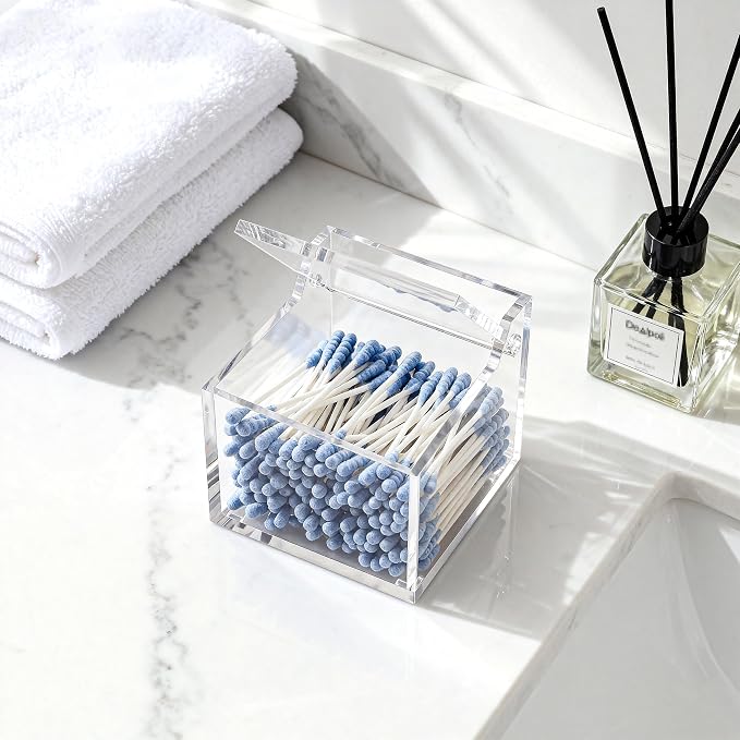 Clear Acrylic Qtip Holder With Lid Cotton Balls Swab Organizer, Square Q Tip - Image 7