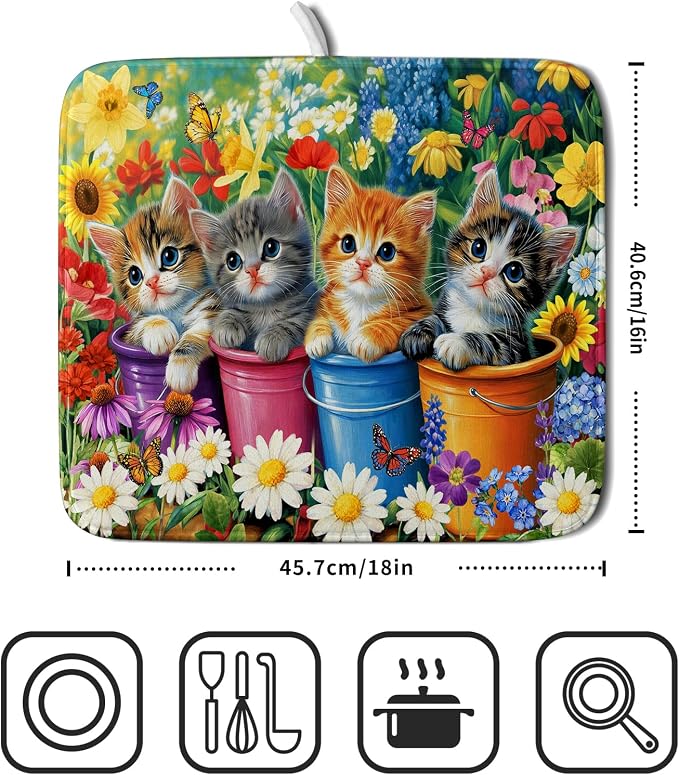 Funny Absorbent Dish Drying Mat Spring Cat Dish Drying Mats - Image 2