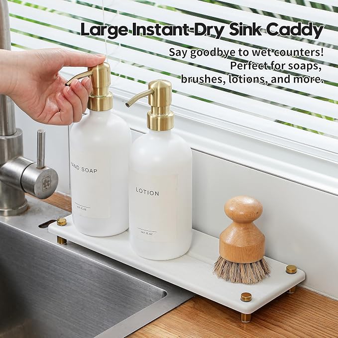 White Gold Dish Drying Rack Tray, Water Absorbing Stone Sink Caddy Kitchen Sink - Image 2