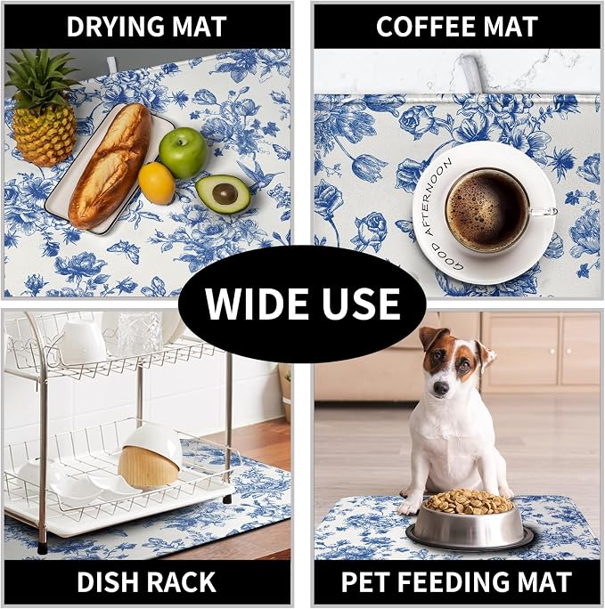 Dish Drying Mat for Kitchen Counter Blue and White Floral Drying Mats - Image 7