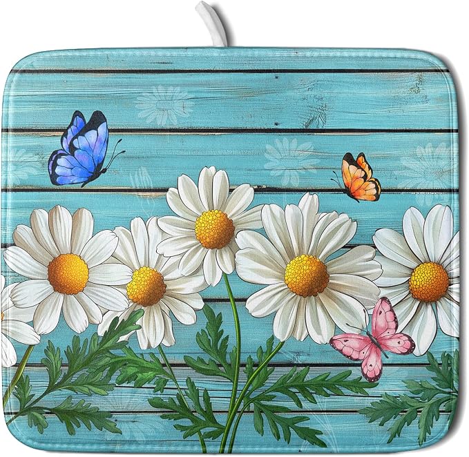 Daisy Dish Drying Mat for Kitchen Counter 16x18in Turquoise Daisy Old Wooden by Kawani