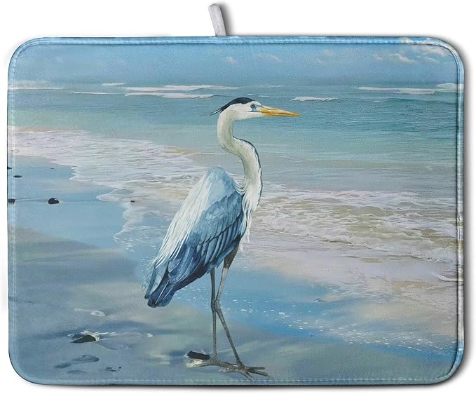 Summer Blue Dish Drying Mat for Kitchen Counter 18x24 Inch Heron Coastal Beach by Kwlegh