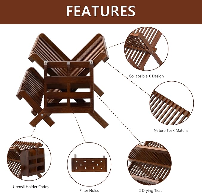 HBlife Dish Rack, Teak Folding 2-Tier Collapsible Drainer Dish Drying Rack - Image 3