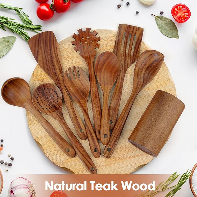 comfoyar Teak Wooden Spoons for Cooking, 9 Pieces Kitchen Cooking Utenails Set - Image 3