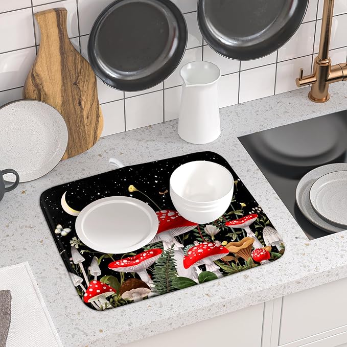 Red Mushroom Dish Drying Mat for Kitchen Counter Plant Leaves Drainer Mats Rack - Image 6