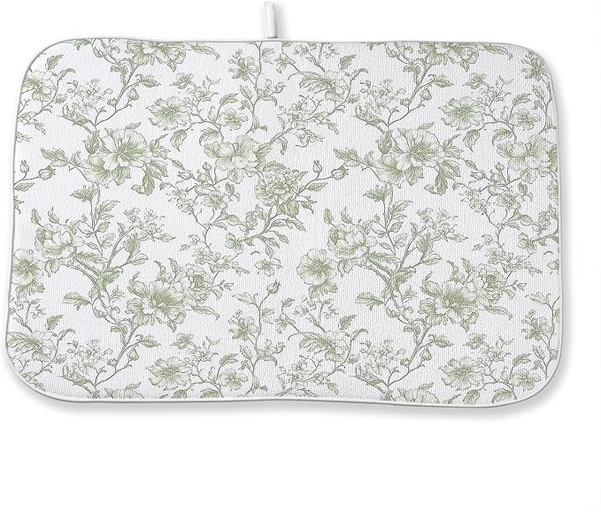 Sage Green Dish Drying Mat 18 x 24 Inch Chinoiserie Light Green Floral Drying by Sorktse
