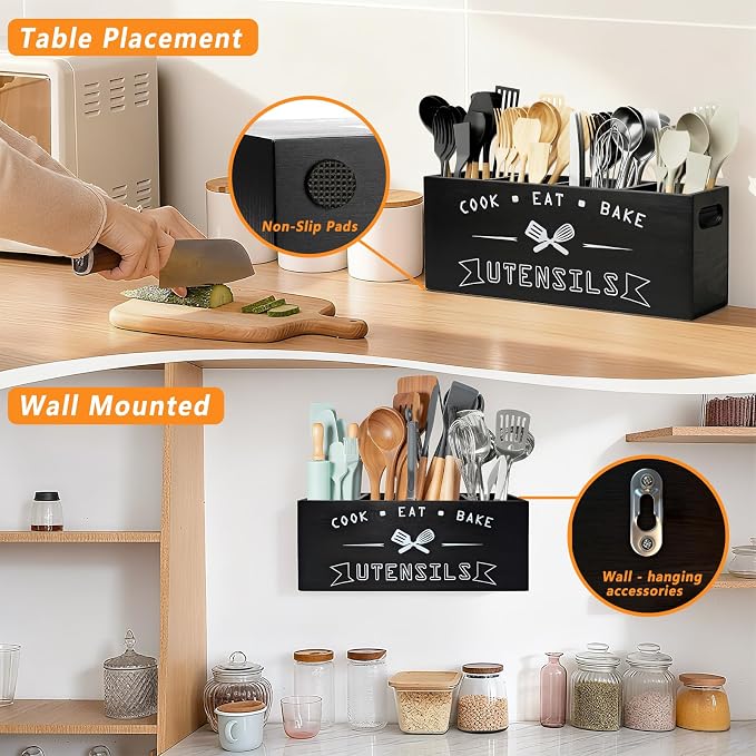 Extra Large and Durable Black Wooden Kitchen Utensil Holder - Image 4