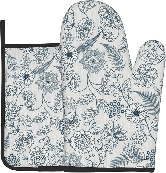 Blue Floral Oven Mitts Set – Vintage Pot Holders Kitchen Gloves by DZGlobal
