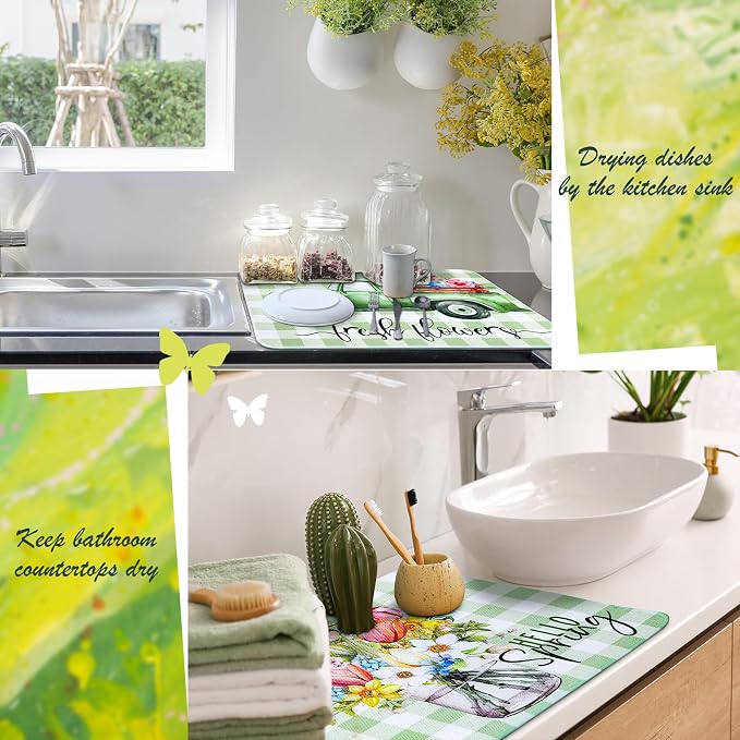 SiliFine 2 Pcs Dish Drying Mat for Kitchen, Spring Floral Absorbent Microfiber - Image 6