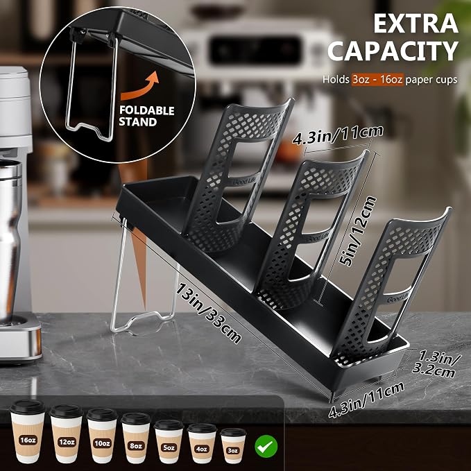 Paper Cup and Lid Holder, Disposable Coffee Cup Dispenser, 3-Slot Upright Paper - Image 2
