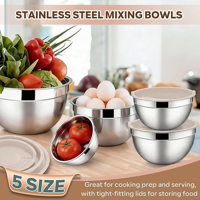 E-far Mixing Bowls With Lids Sets of 5, 10-Piece Stainless Steel Salad Metal - Image 4