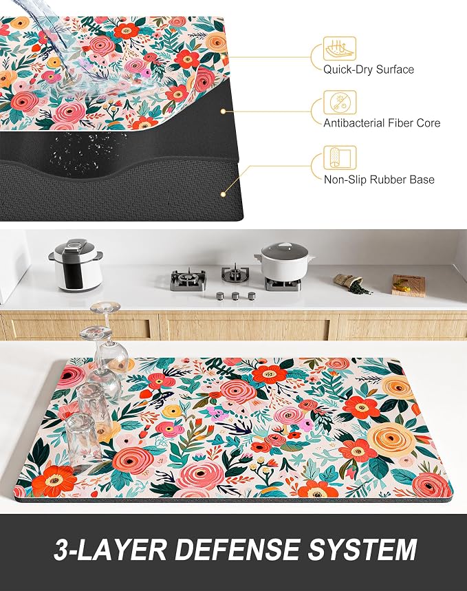 Rnivvi Dish Drying Mat for Kitchen Counter, XL 15 x 24" Cute Flower Super - Image 4
