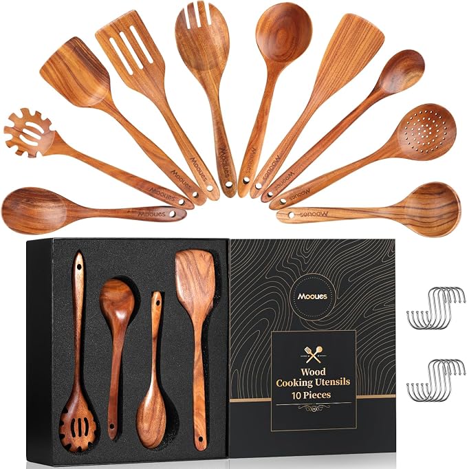 Wooden Spoons for Cooking, Comfortable Grip, Heat Resistant Kitchen Utensils by Mooues