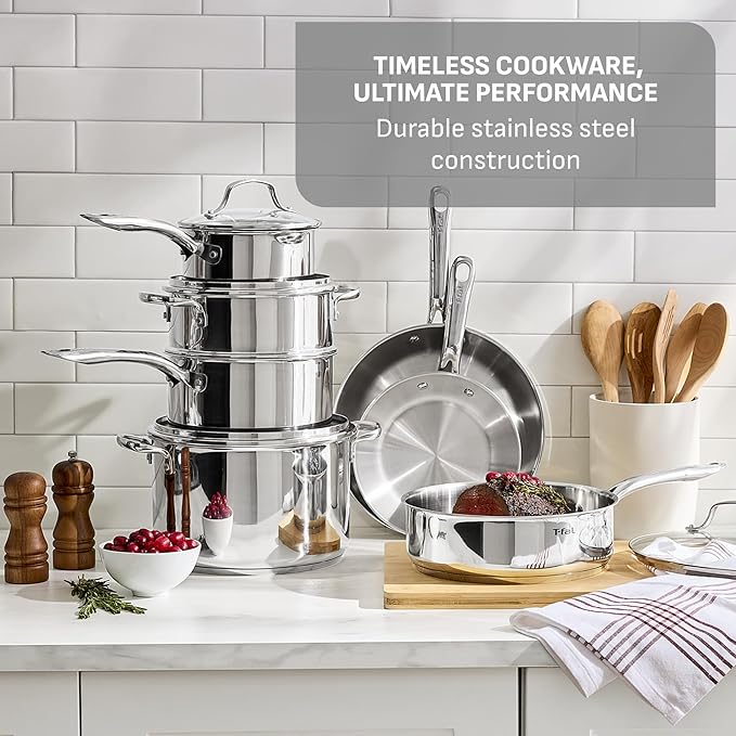 T-fal Stainless Steel Pots and Pans Set 11 Piece, Oven Broiler Safe 500F - Image 3