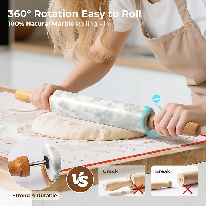Marble Rolling Pin with Non-Stick Silicone Mat & Wood Base, 16.9-Inch Heavy - Image 2