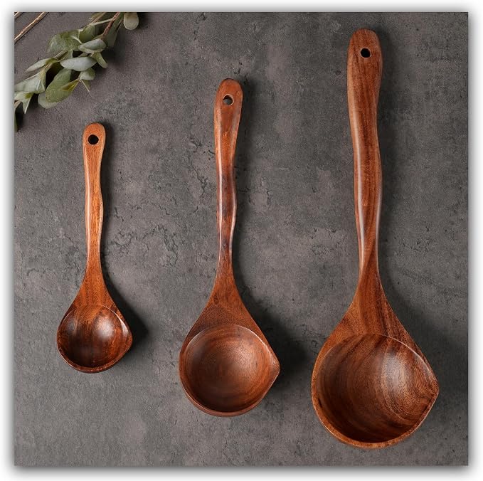 Wooden Ladle Spoon Set, 3 Size Teak Large Soup Ladel Wood Spoons - Image 2
