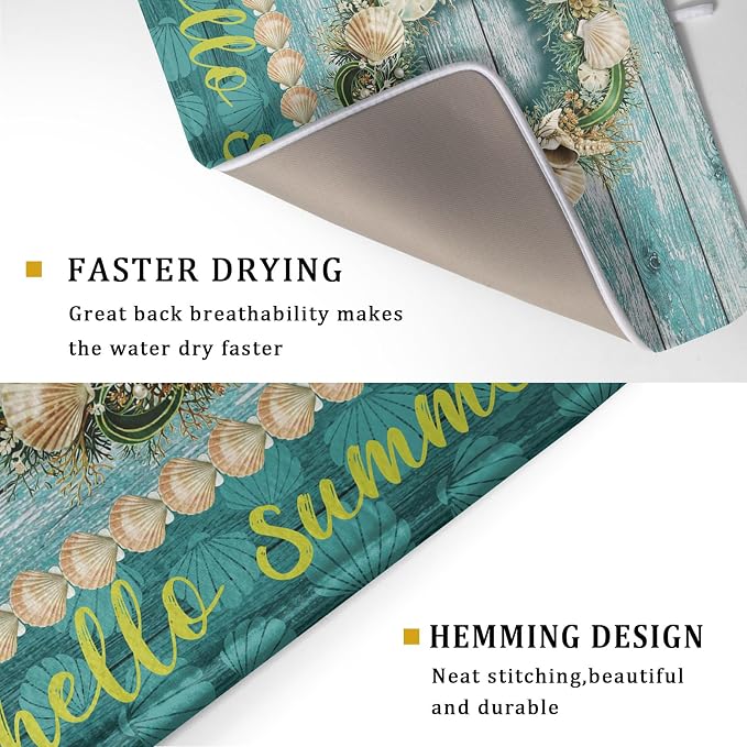 Hello Summer Dish Drying Mat for Kitchen Counter, Sea Shell Starfish Coastal - Image 3