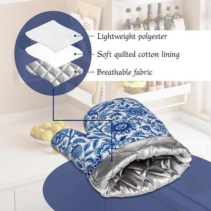 Oven Mitts and Pot Holders Sets Blue White Floral Silicone Kitchen Mits - Image 5