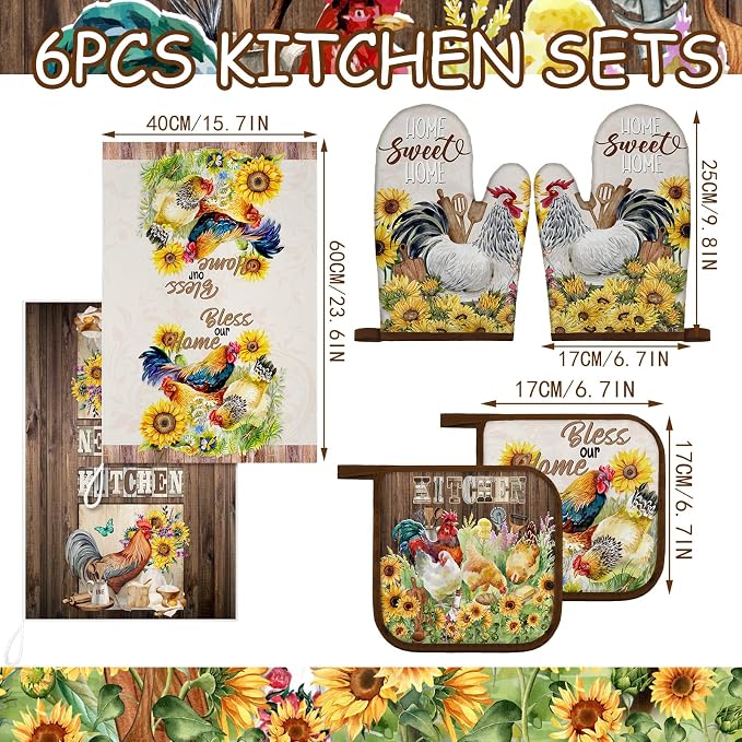 Leinuosen 6 Rooster Sunflower Farmhouse Kitchen Decor Dish Towels Oven Mitts - Image 3
