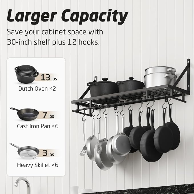 KES 30-Inch Kitchen Pan Pot Rack Wall Mounted Hanging Storage Organizer Wall - Image 2