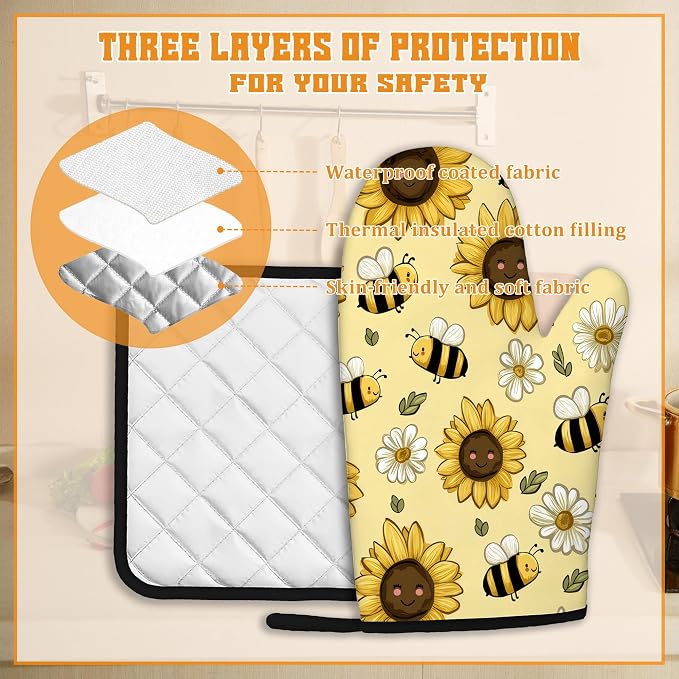 Sunflower Bee Oven Mitts and Pot Holders Set, Daisy Kitchen Oven Gloves and Pot - Image 3