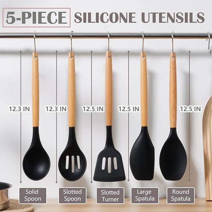 E-far Silicone Cooking Utensils Set, 5-Piece Black Kitchen Utensils Set - Image 2